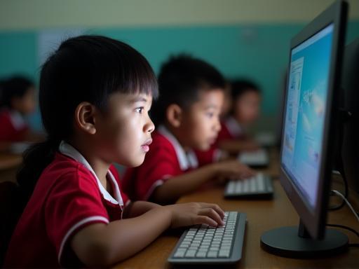Children in a classroom learning on computers in Malaysia