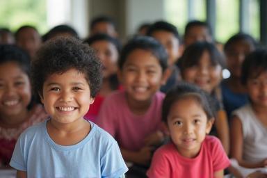 Happy children participating in a digital workshop in a Malaysian community